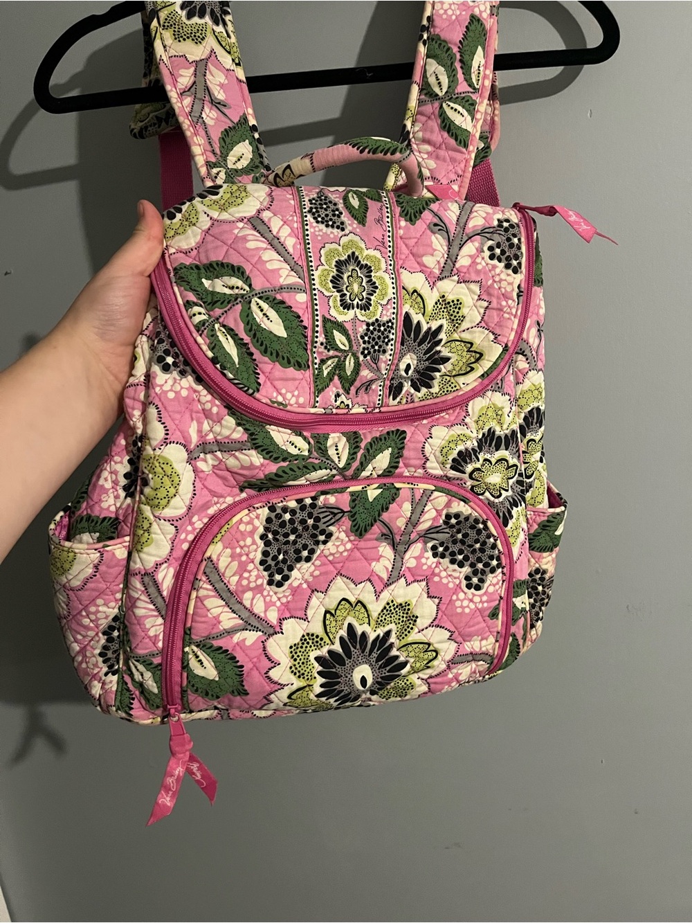 Vera Bradley Pink Quilted Floral Backpack with Green Accents